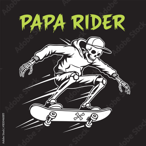 Cool skeleton skater riding a skateboard with papa rider typography vector illustration.