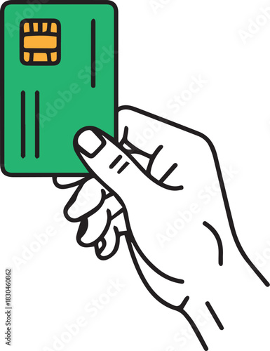 Hand holding a green credit card, paying online