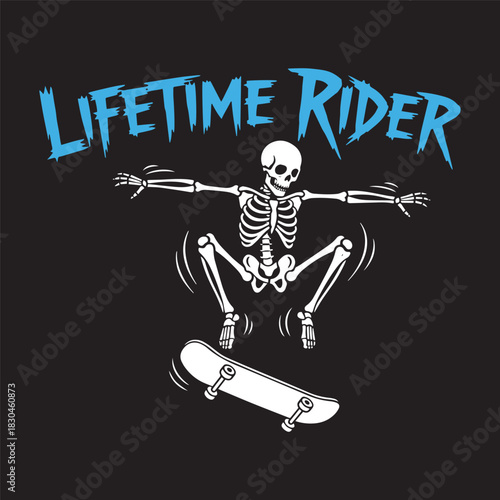 Skeleton skater doing a jump trick with lifetime rider typography vector illustration.