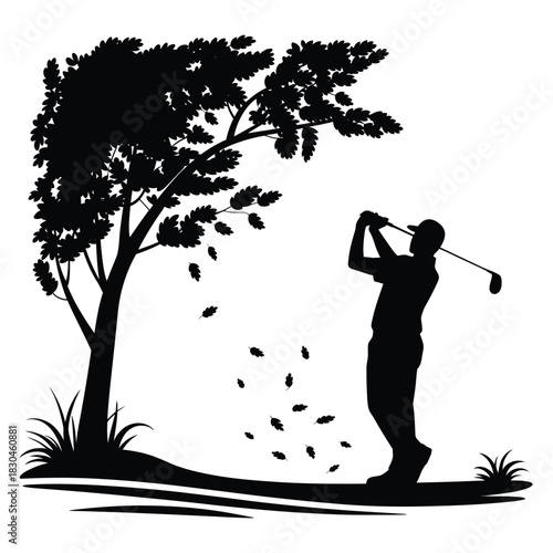 Silhouette of a golfer swinging a club under a tree