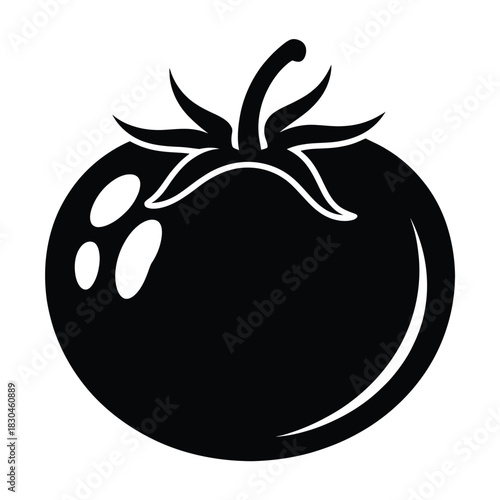 Simple black silhouette of a ripe tomato with stem