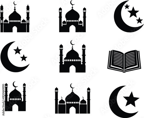 Collection of islamic icons in black and white simple style