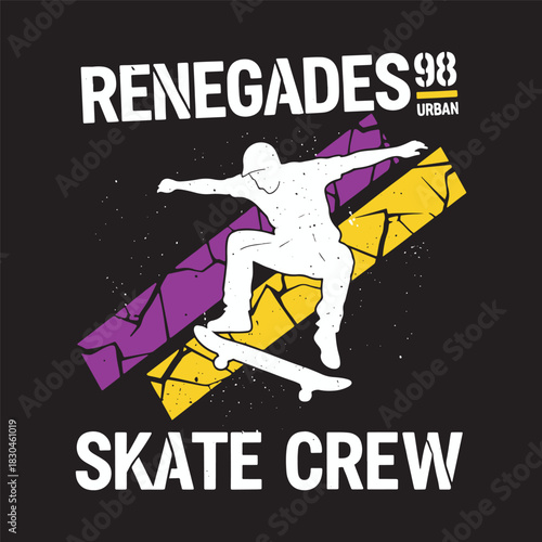 Urban skateboarder silhouette with grunge stripes and typography vector illustration.
