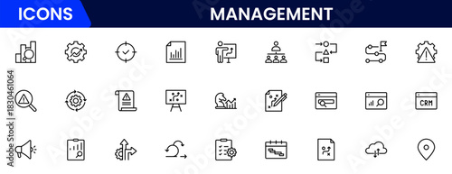 Management icon set. Contains such icons as schedule, human resource, management, development, planning, strategy, and more.
