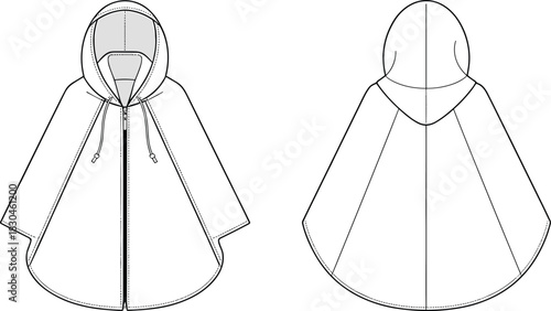 Hooded cape technical flat sketch, fashion CAD drawing, vector illustration apparel design, zipper front, drawstring hood, flared silhouette garment