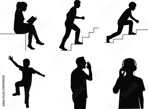 Human silhouette, expressive activities, reading book, climbing stairs, dancing pose, shouting gesture, headphone listening, lifestyle concept, black figure, white background