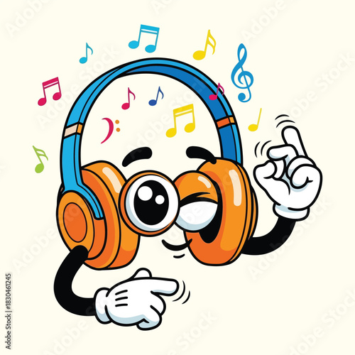 Cartoon headphones character dancing with colorful musical notes