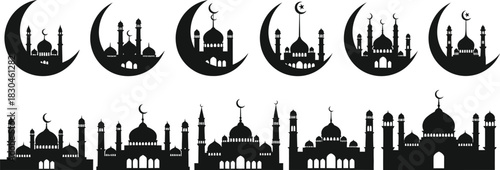 Mosque and crescent moon silhouette collection for islamic holidays and celebrations