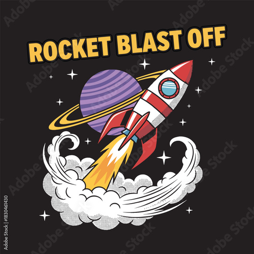 Cartoon rocket ship launching into space with planets and stars vector illustration.