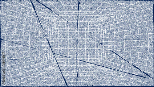 3D wireframe perspective grid room template design vector illustration background. Empty three dimensional virtual room perspective wireframe grid geometric sketch. Cyber virtual line interior frame