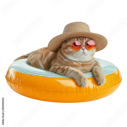 Orange tabby cat wearing straw hat and sunglasses isolated on a transparent background