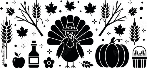 Thanksgiving harvest festival icons featuring turkey and pumpkin