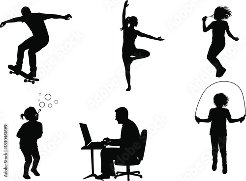 Human silhouette, expressive activities, skateboarding trick, dancing pose, singing, bubble blowing, computer work, jump rope, lifestyle concept, black figure, white background