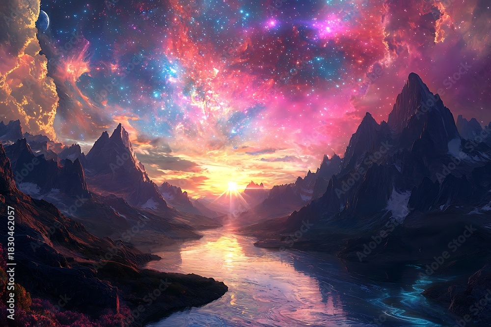 Fototapeta premium Radiant sky casting light on mountains high resolution picture