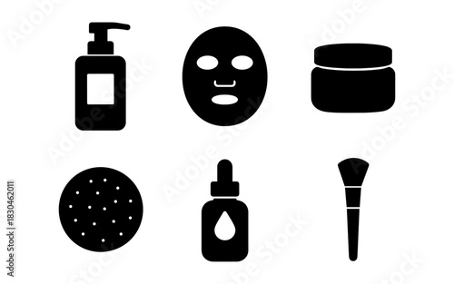 Minimalist skincare icons: cream, mask, lotion, exfoliant, serum, brush