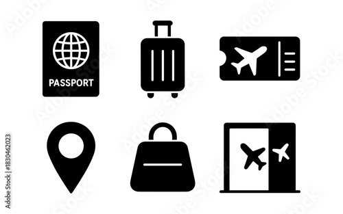 Travel essentials icons: passport, luggage, and boarding pass in silhouette style
