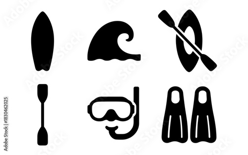 Silhouette icons of water sports equipment including paddle and surfboard