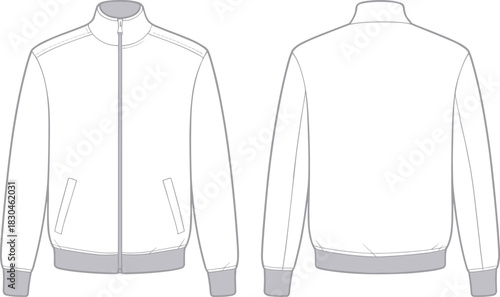 Jacket technical flat sketch, fashion CAD drawing, vector illustration apparel design, long sleeve outerwear, ribbed hem, zipper front template