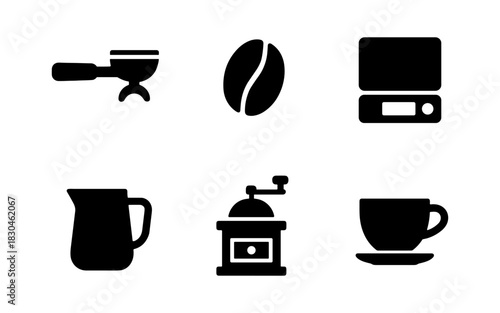 Coffee brewing essentials silhouette icons for cafes and baristas
