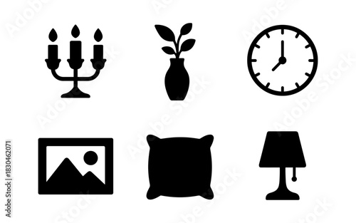 Minimalist home decor icons featuring candelabra, plant, clock, picture frame, pillow, and lamp