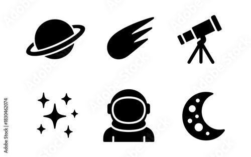 Space icons set: astronaut, telescope, meteor, stars, planet, moon