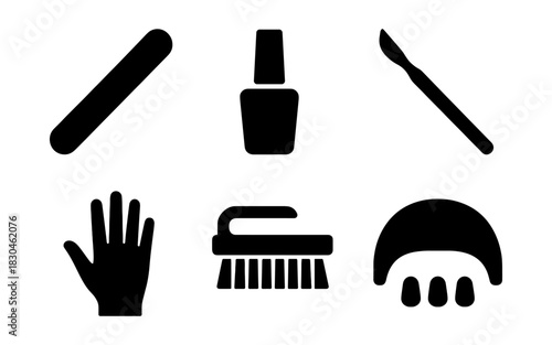 Manicure tools silhouette collection: nail care essentials in simple icon style