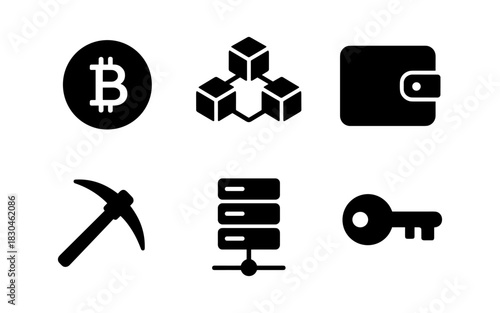 Cryptocurrency icons: mining, blockchain, bitcoin, wallet, server, security key silhouettes