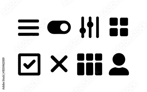 Minimalist user interface icons: essential navigation and settings symbols