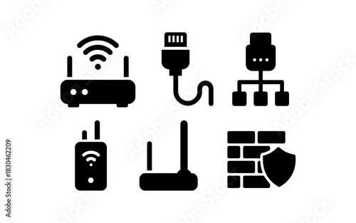 Networking devices silhouette icons featuring routers and firewalls
