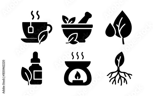 Minimalist herbal icons: tea, mortar, leaf, oil, aroma lamp, roots