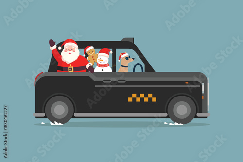 Christmas Cute Santa Claus and Snowman on British Taxi car