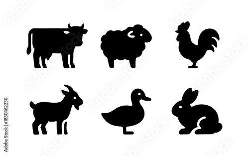 Silhouette farm animals collection: cow, sheep, rooster, goat, duck, rabbit