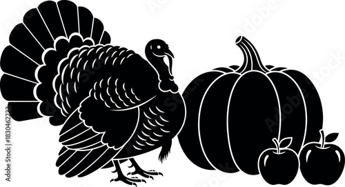 Thanksgiving harvest turkey, pumpkin, and apple illustration