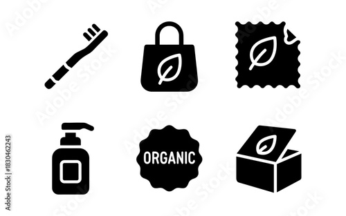 Eco-friendly essentials: toothbrush, bag, fabric, soap, organic, packaging icons