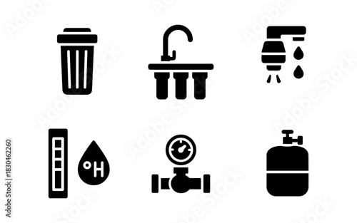 Set of black silhouette plumbing and water supply icons
