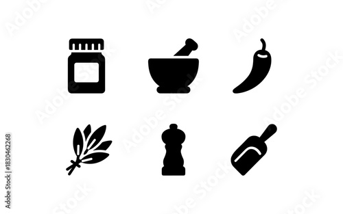 Essential spice and herb silhouettes: jar, mortar, chili, bay leaves, pepper grinder, scoop