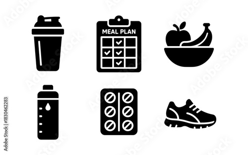 Silhouette icons: nutrition and fitness elements for healthy living