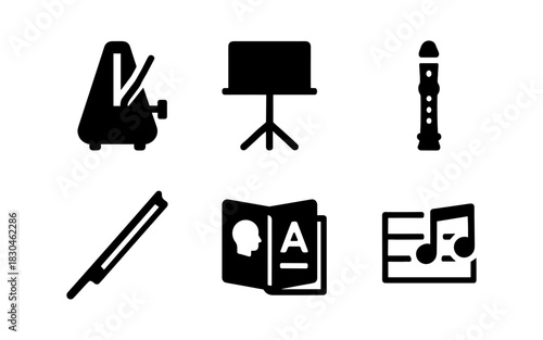 Music education icons: metronome, music stand, recorder in bold silhouette