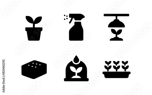 Silhouette icons of indoor plant care essentials for home gardening enthusiasts
