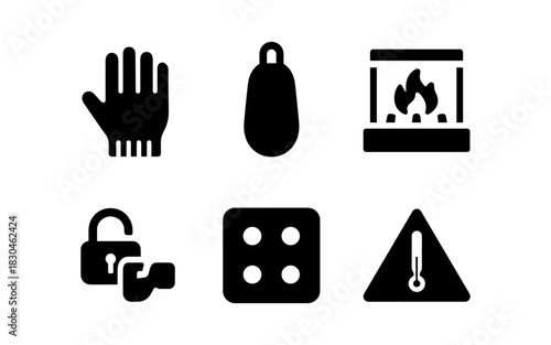 Set of flat icons: glove, punching bag, fireplace, lock, dice, caution sign