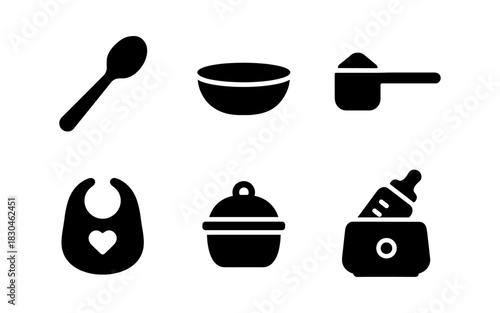 Modern kitchen and baby feeding icon set in black silhouette style