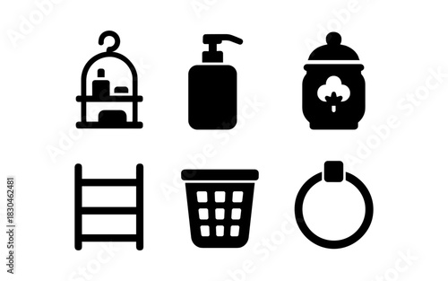 Minimalist black bathroom icons set for toiletries and accessories design