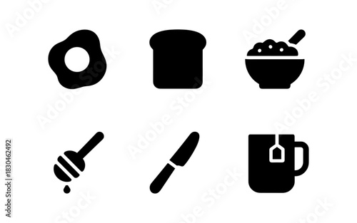 Breakfast icons: egg, toast, cereal, honey, knife, tea mug in minimalist style
