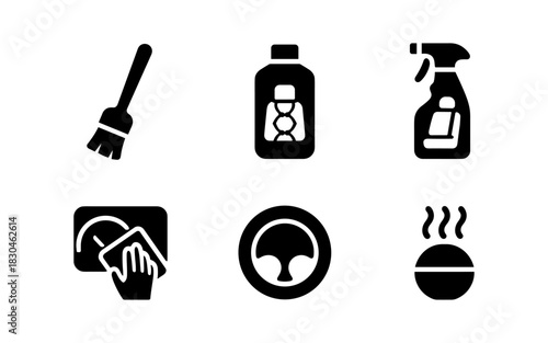 Essential household cleaning icons in bold black silhouette style