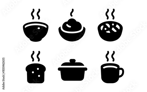 Silhouette icons of hot food and drink: bread, bowl, and mug collection