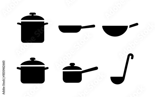Silhouette kitchen cookware set featuring pots, pans, and ladle icons