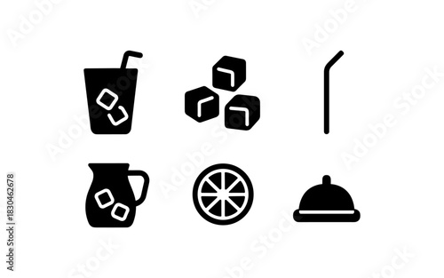 Silhouette icons of cold drinks: ice cubes, straws, lemon, jug, and cloche
