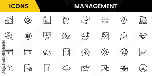 Management icon set. Contains such icons as schedule, human resource, management, development, planning, strategy, and more.