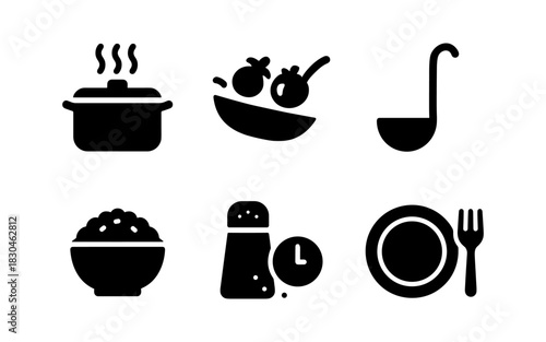 Cooking and dining icons: silhouette set with pot, bowl, and utensils