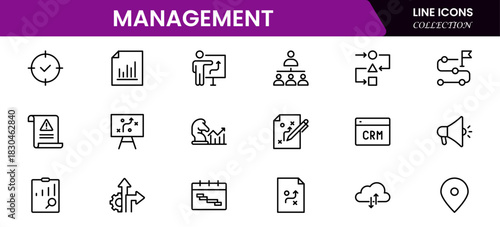 Management icon set. Contains such icons as schedule, human resource, management, development, planning, strategy, and more.